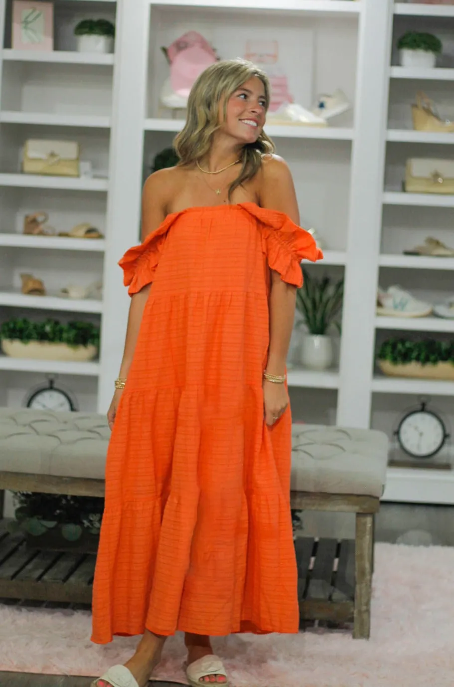 Coral Orange Textured Tiered Maxi Dress