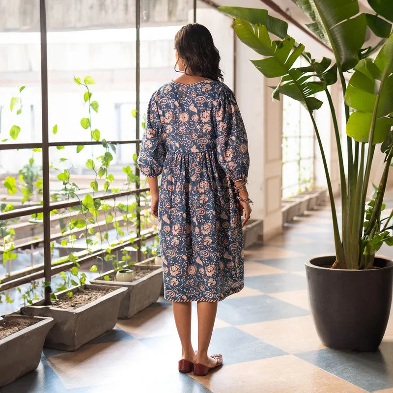 Cotton Block Print Dress for Women | Blue | Fit & Flared