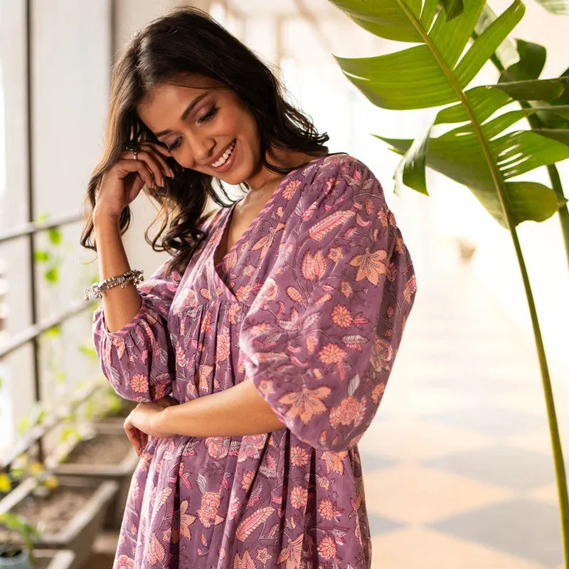 Cotton Block Print Dress for Women | Purple | Fit & Flared