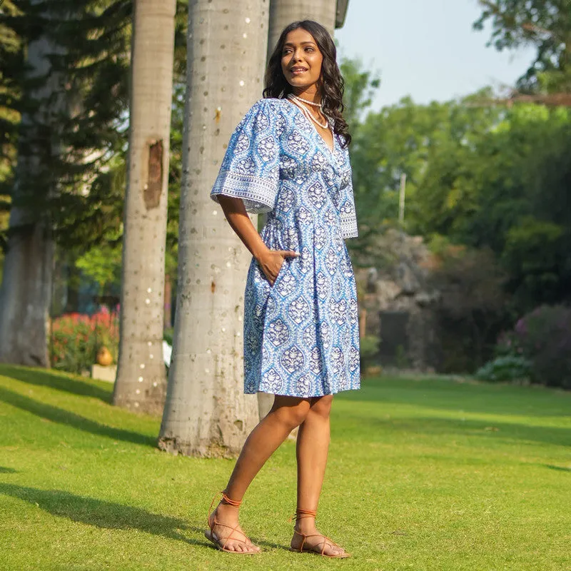 Cotton Blue Printed Dress for Women | Box Pleat