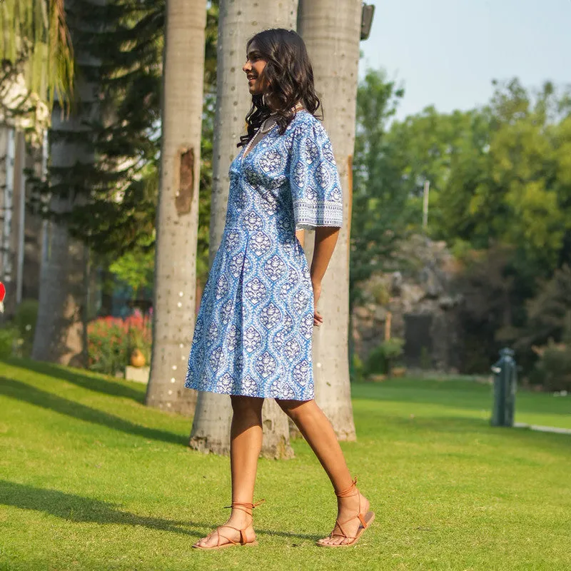 Cotton Blue Printed Dress for Women | Box Pleat