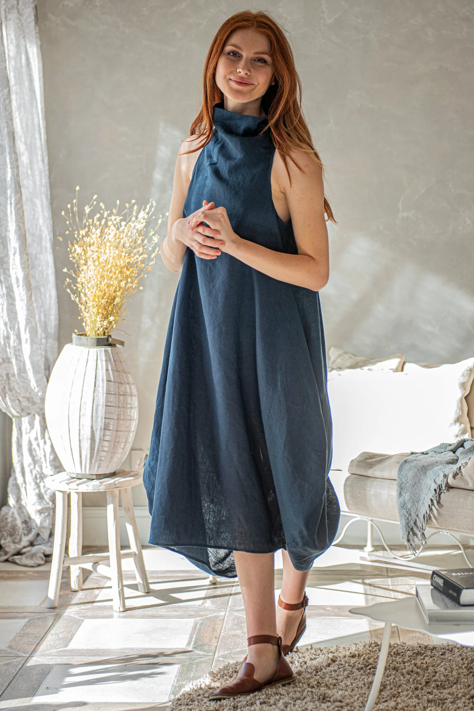 Cowl Neck Linen Dress in Midi Length