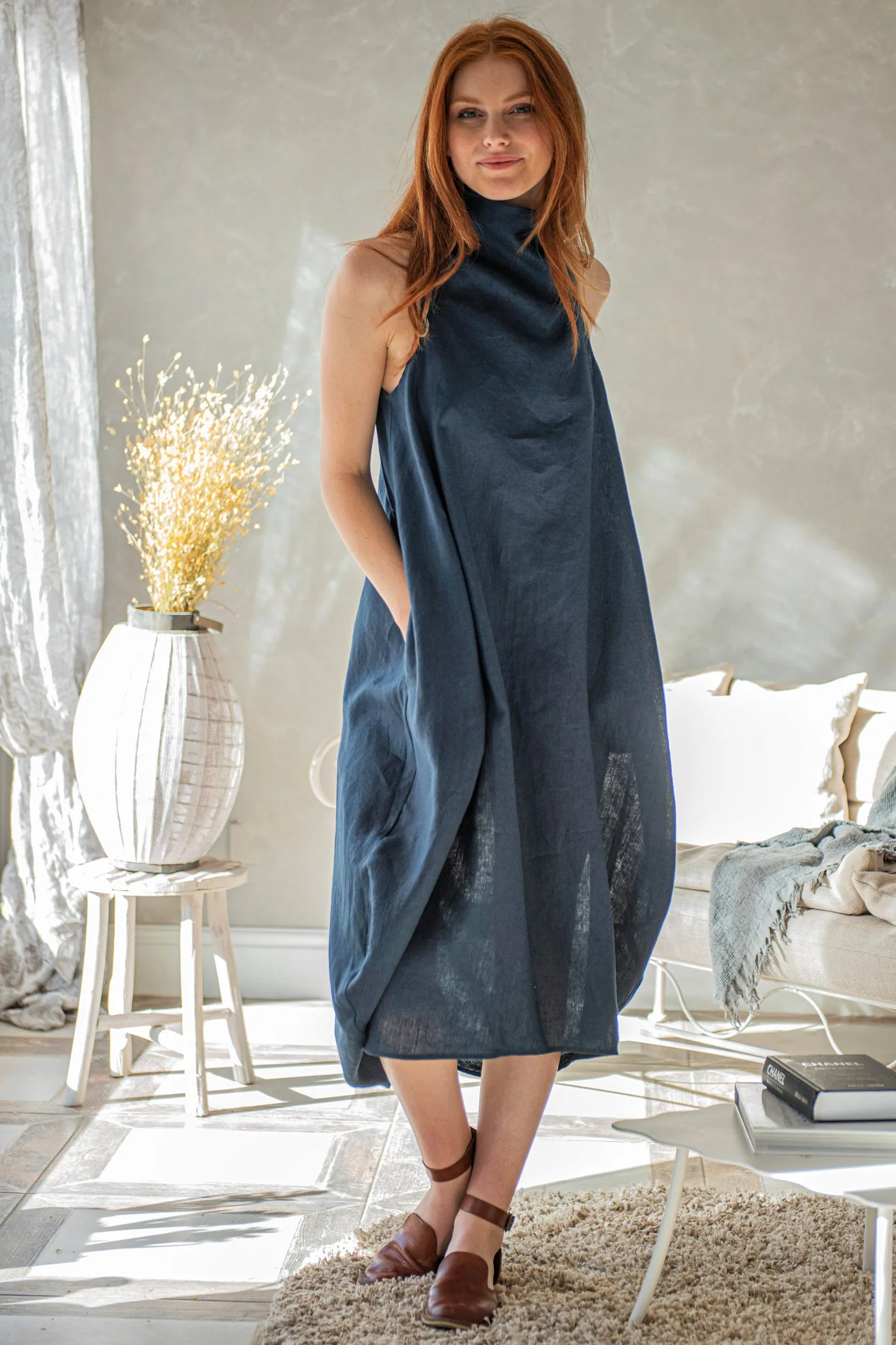 Cowl Neck Linen Dress in Midi Length