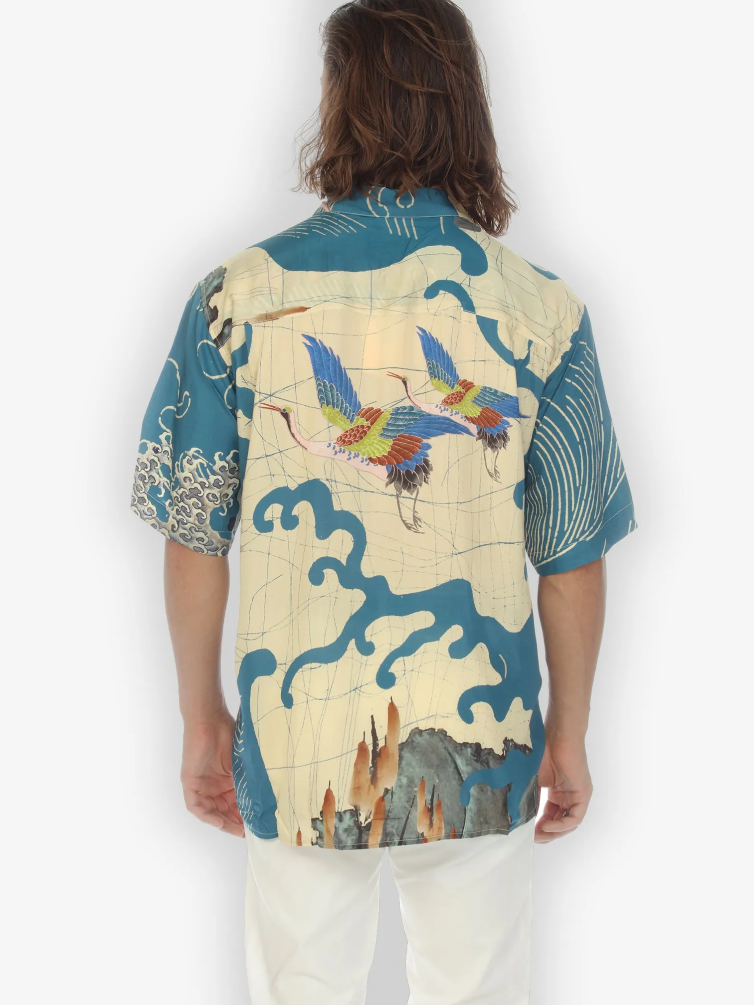 Cranes Waves Blue Silk Blend Men’s Shirt