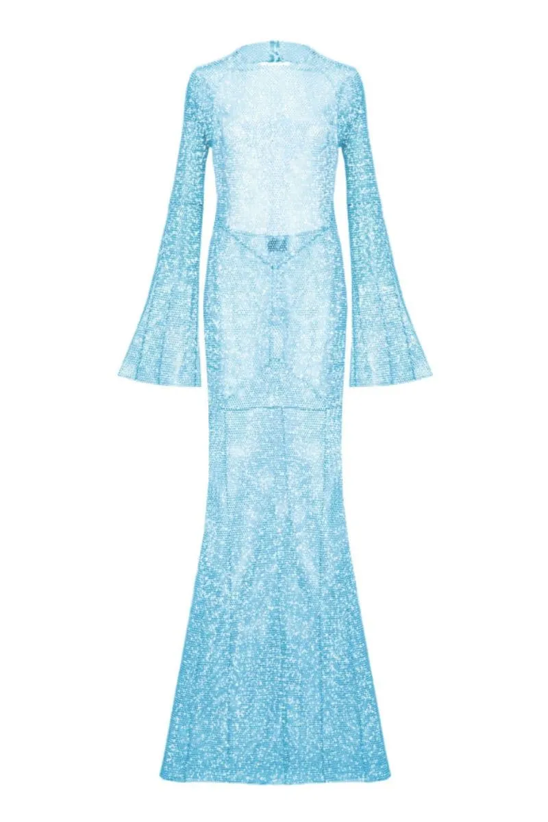 CRYSTAL LIGHT BLUE MAXI FLARED DRESS WITH OPEN BACK