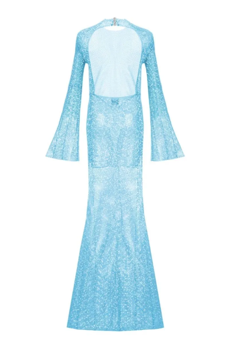 CRYSTAL LIGHT BLUE MAXI FLARED DRESS WITH OPEN BACK