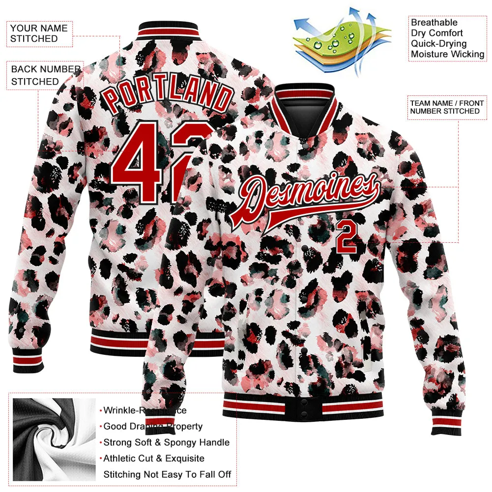 Custom White Red-Black Leopard Print 3D Pattern Design Bomber Full-Snap Varsity Letterman Jacket