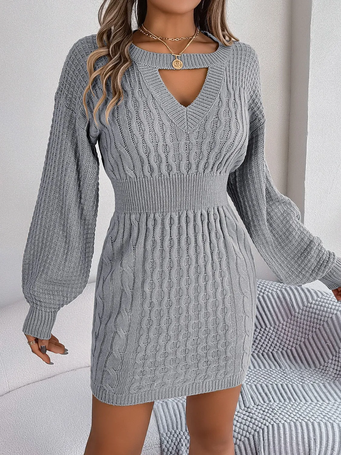 Cutout Round Neck Slit Sweater Dress