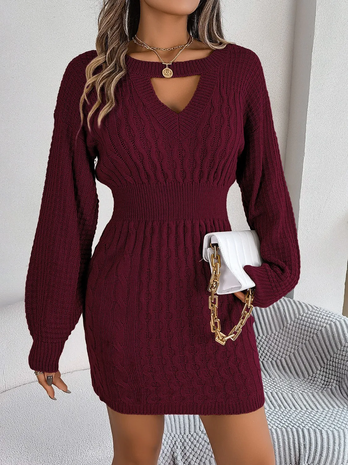 Cutout Round Neck Slit Sweater Dress