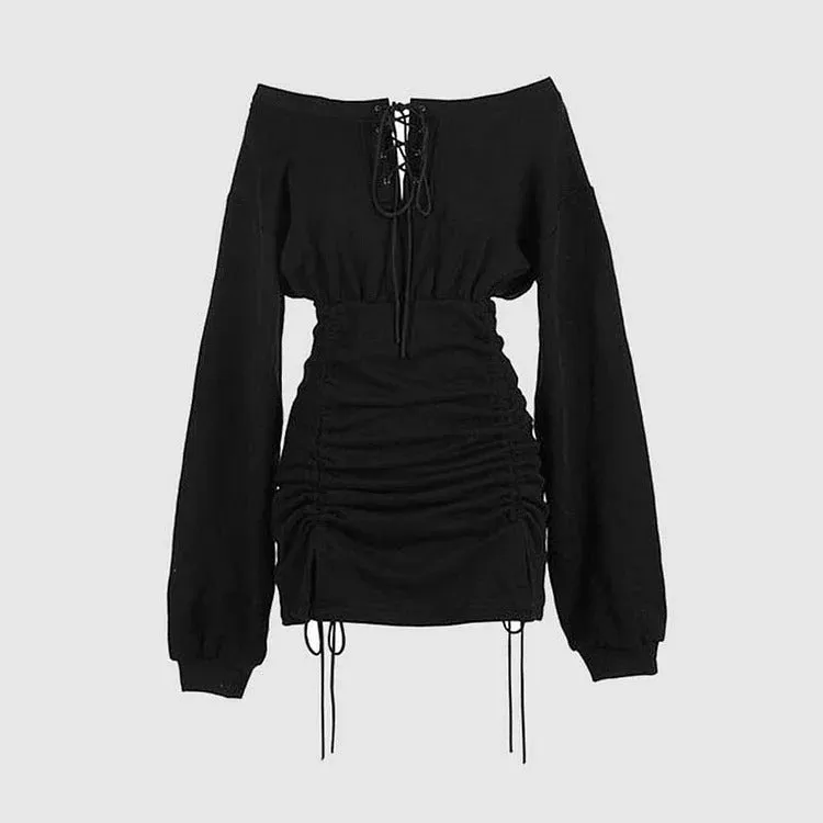 Darkly Romantic Off-the-Shoulder Ruffle Dress with Lace-Up Detail