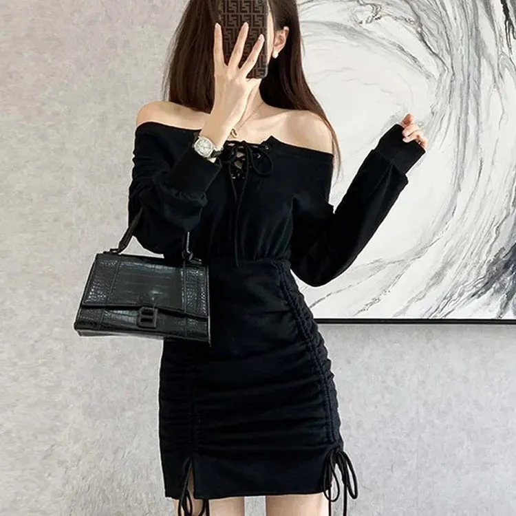 Darkly Romantic Off-the-Shoulder Ruffle Dress with Lace-Up Detail