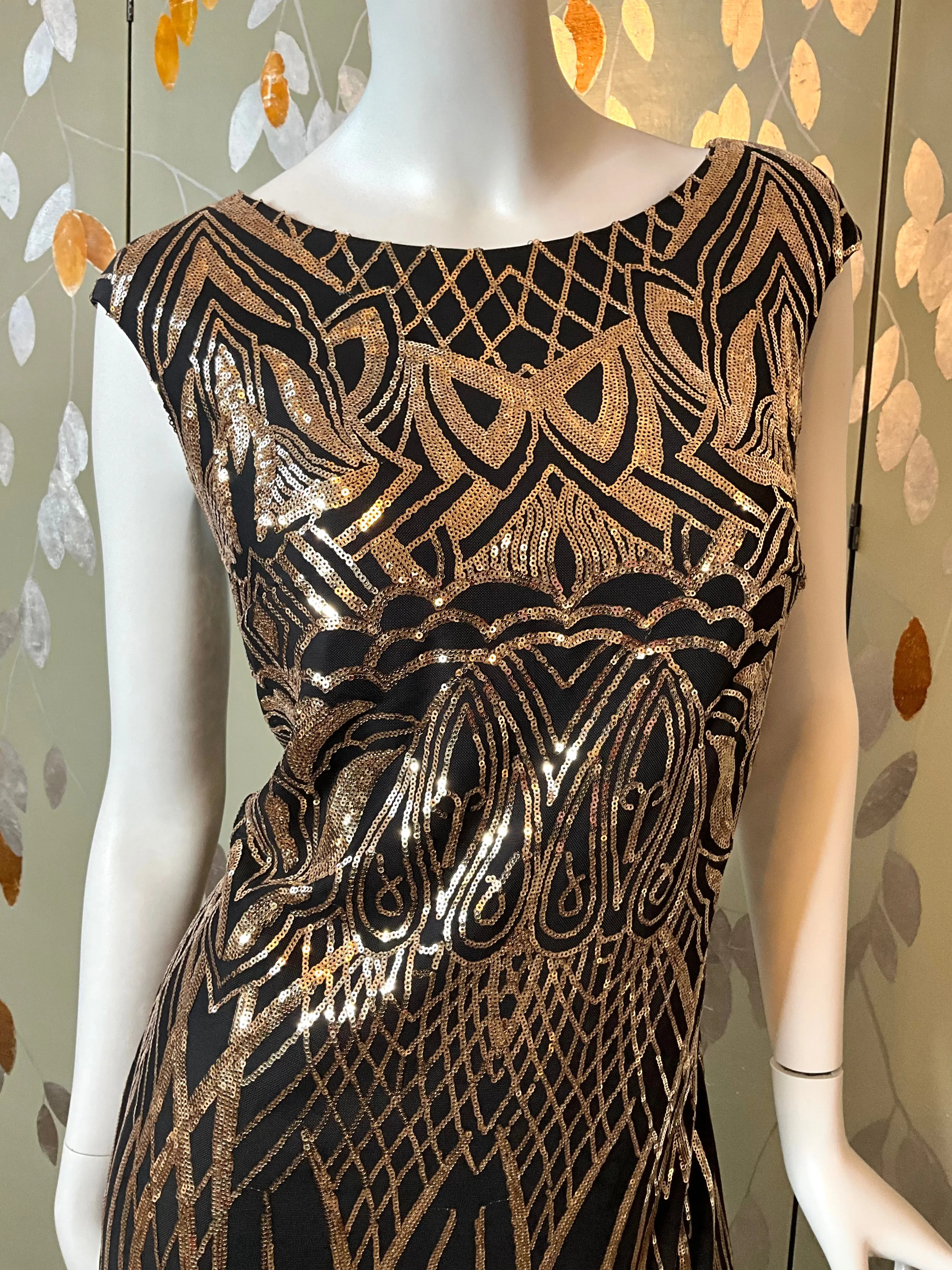 Deadstock Black and Gold Sequin Flapper Style Dress, XXL