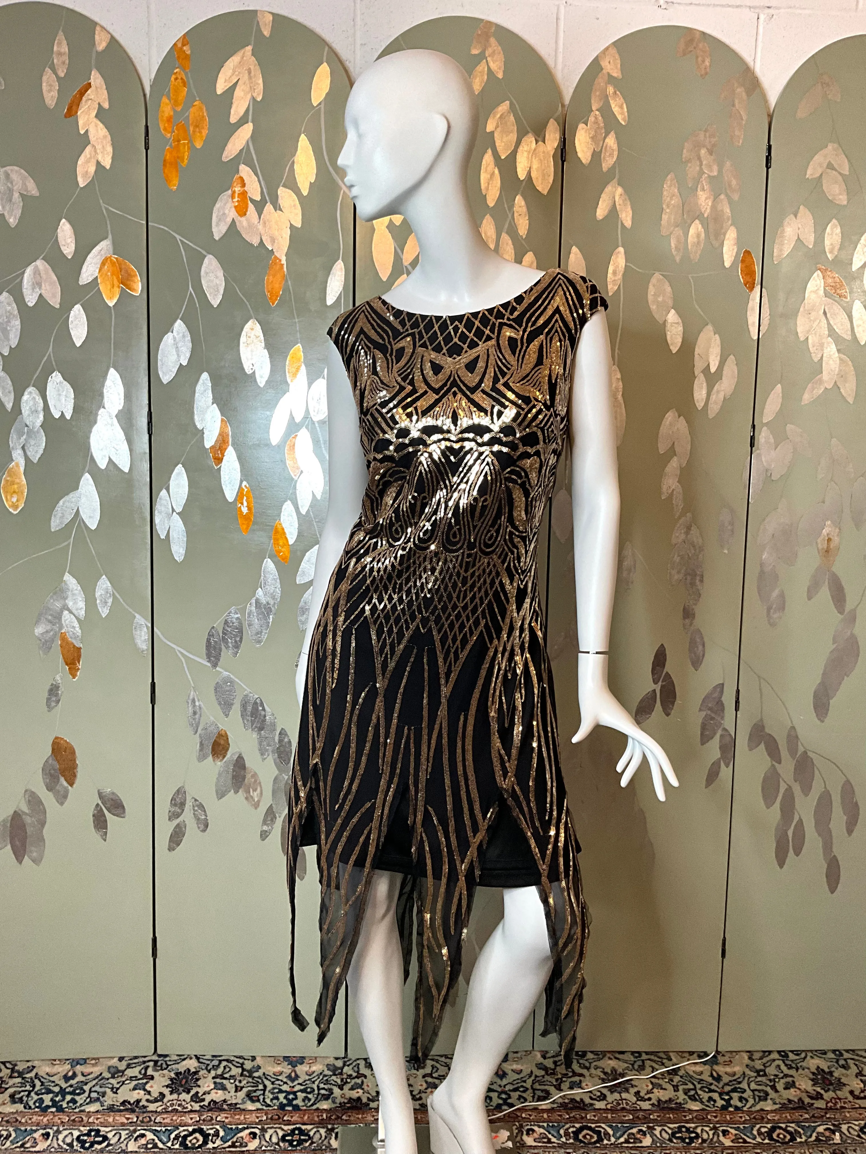 Deadstock Black and Gold Sequin Flapper Style Dress, XXL