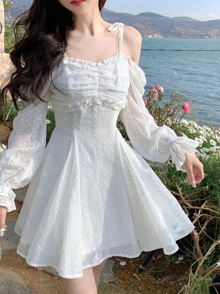 deanwangkt White Kawaii Sweet Dress Women Summer Korean Chic Elegant Party Mini Dress Fairy Casual Japanese Lolita Princess Cute Dress