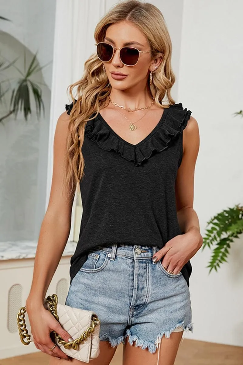 DEEP V FRILL NECK SLEEVELESS TOP