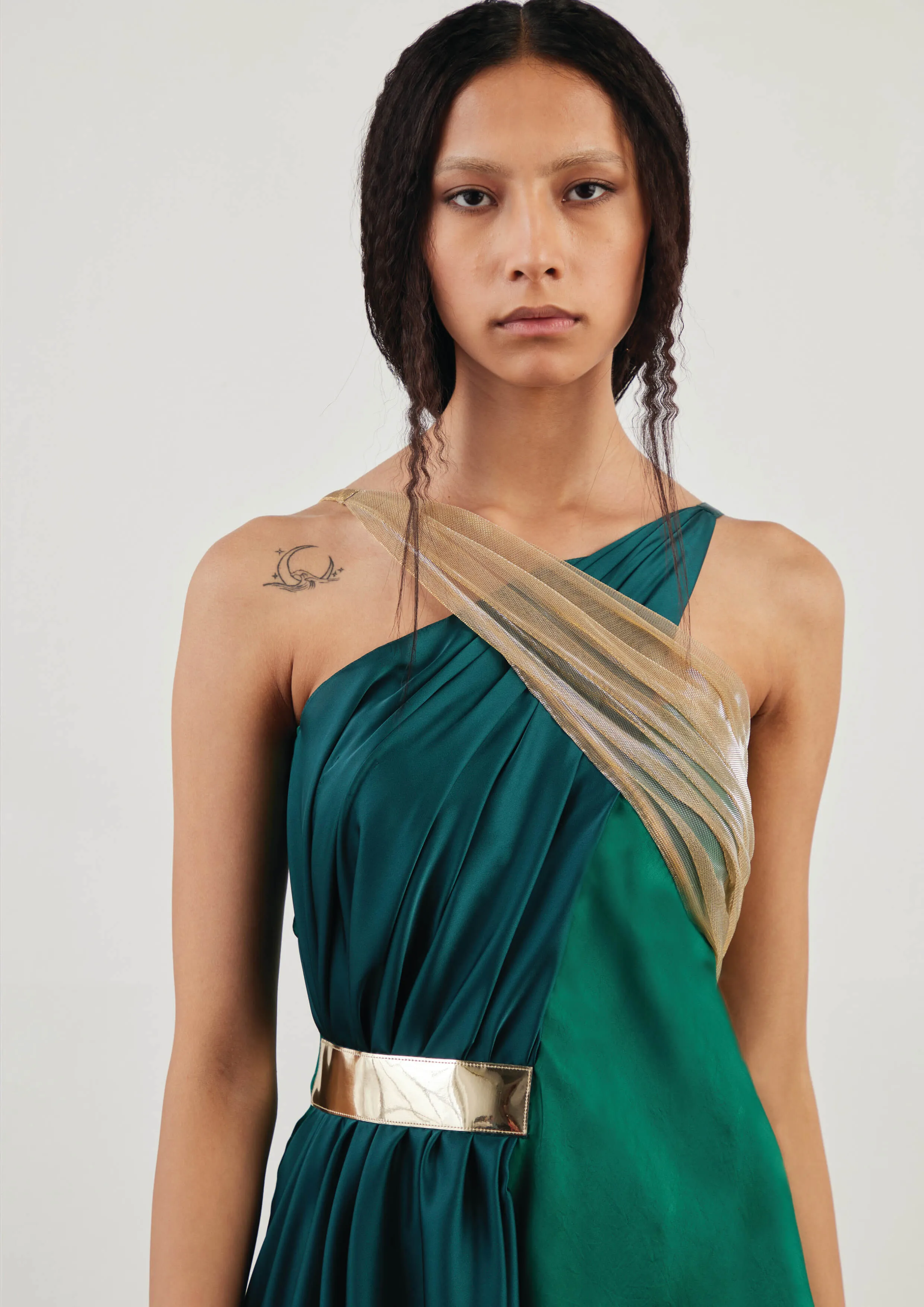 Draped Halter-Neck Satin Maxi Dress