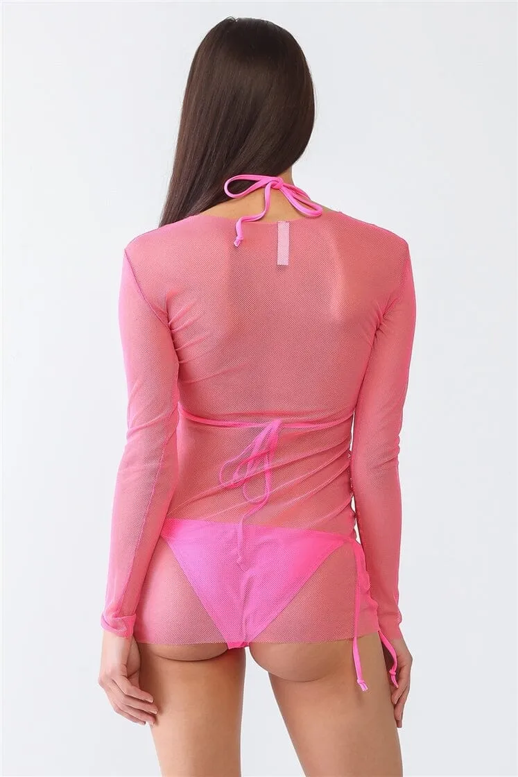 Electric Pink Bikini and Mesh Dress Set