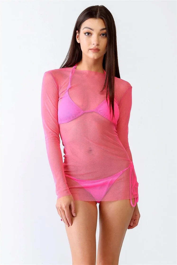 Electric Pink Bikini and Mesh Dress Set