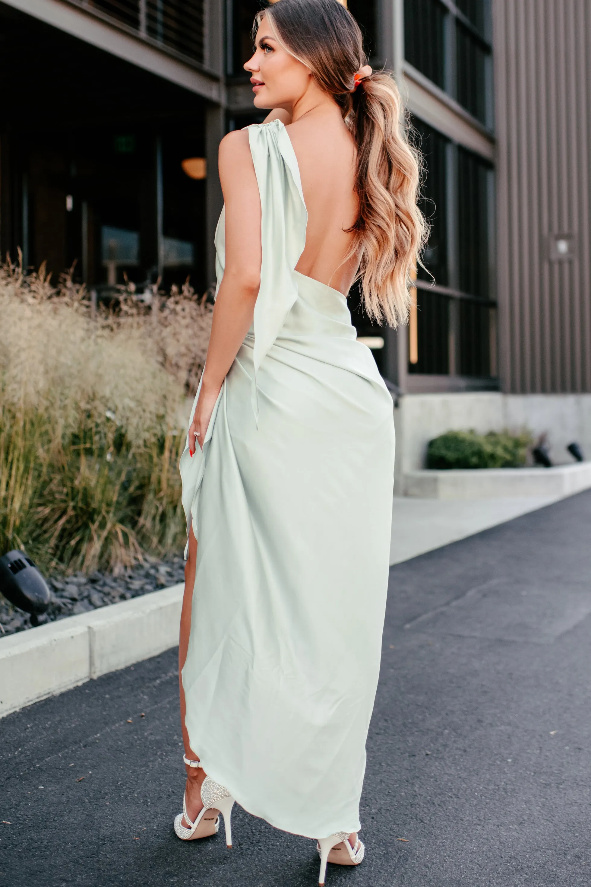 Elegant Bliss One Shoulder Satin Wrap Dress (Mint)