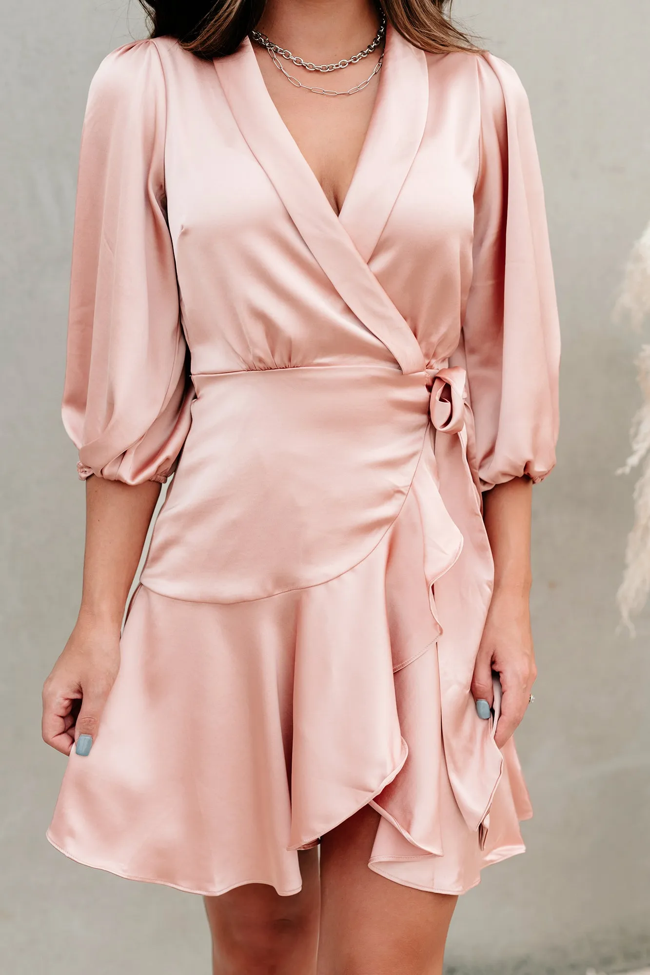 Elegant Edge Satin Wrap Dress (Blush)