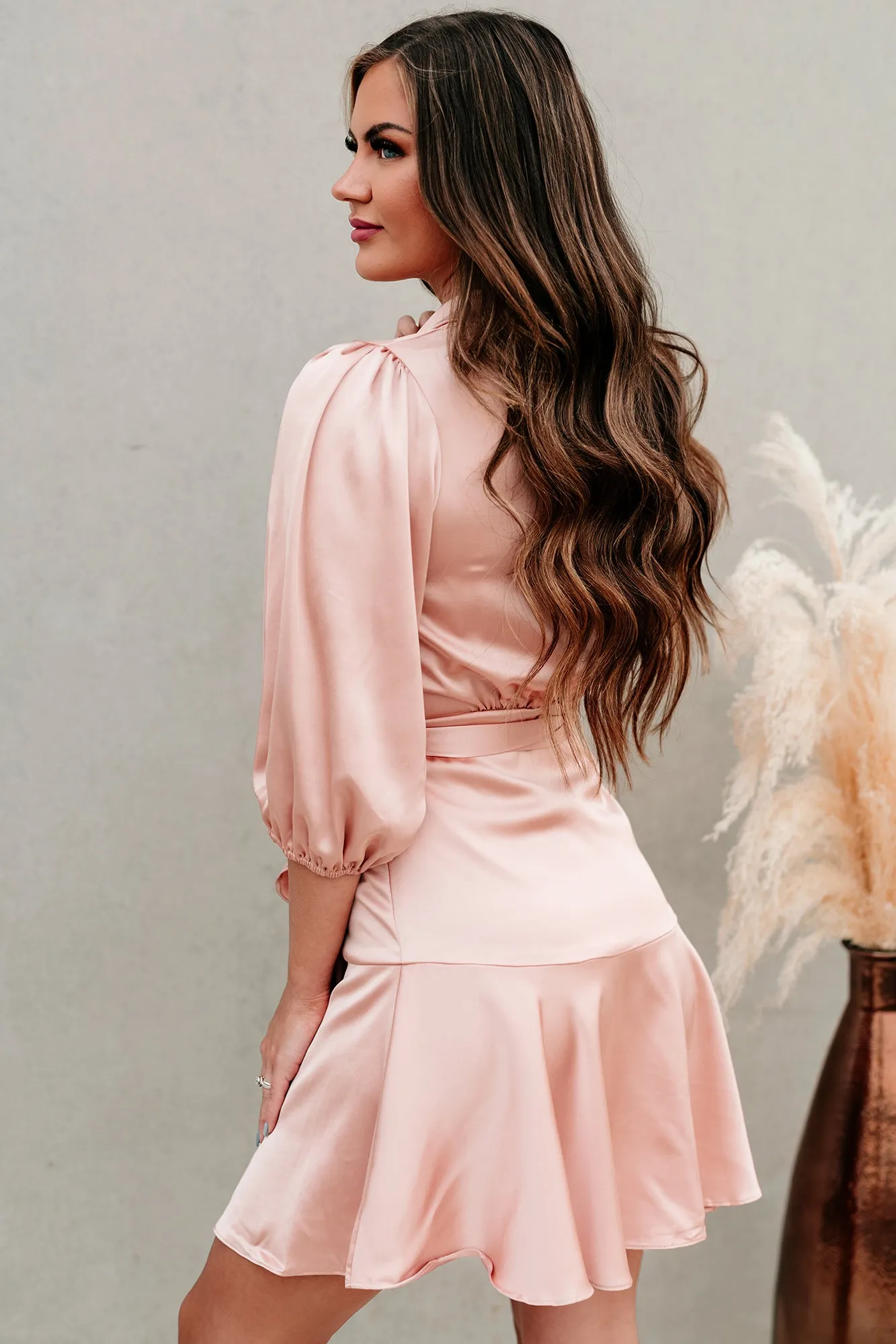 Elegant Edge Satin Wrap Dress (Blush)