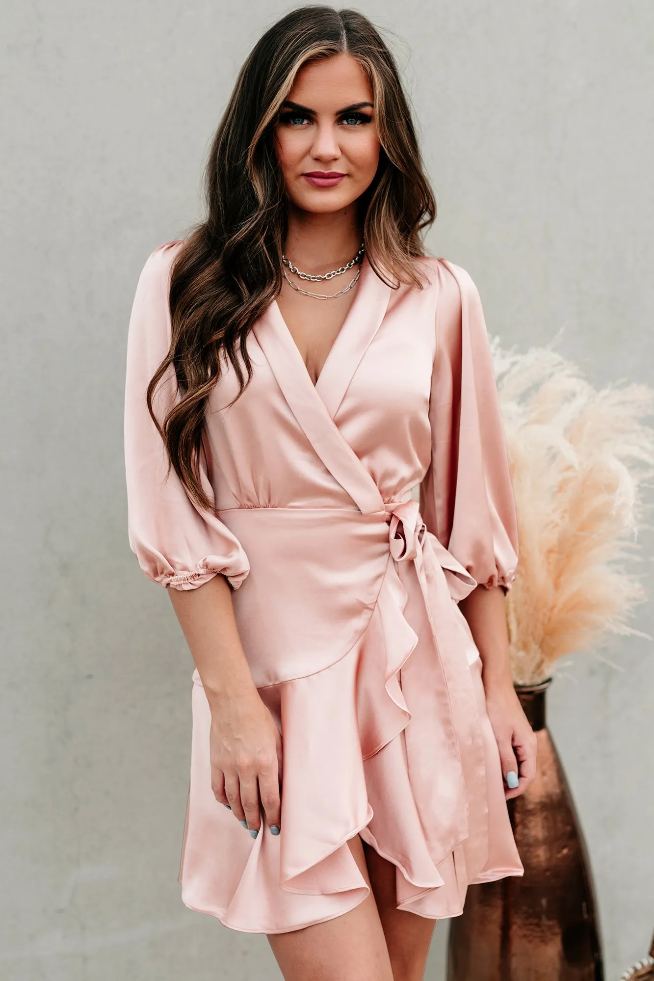 Elegant Edge Satin Wrap Dress (Blush)