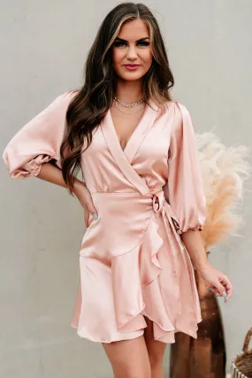 Elegant Edge Satin Wrap Dress (Blush)