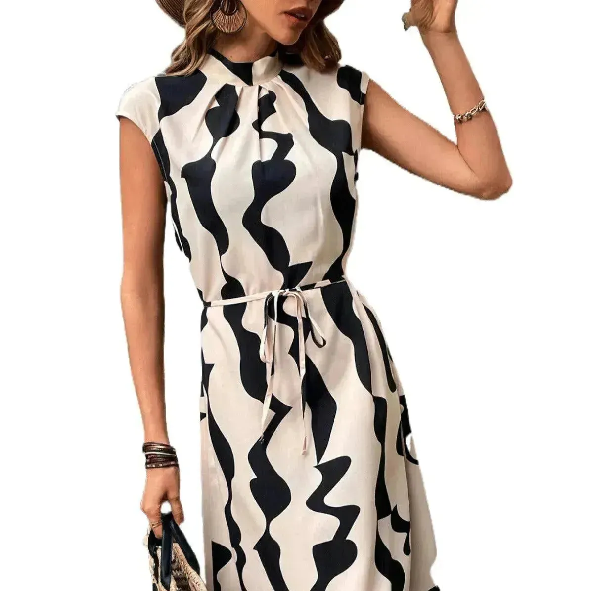 Elegant Summer Sleeveless Irregular Pattern Print Vest Women's Midi Dress