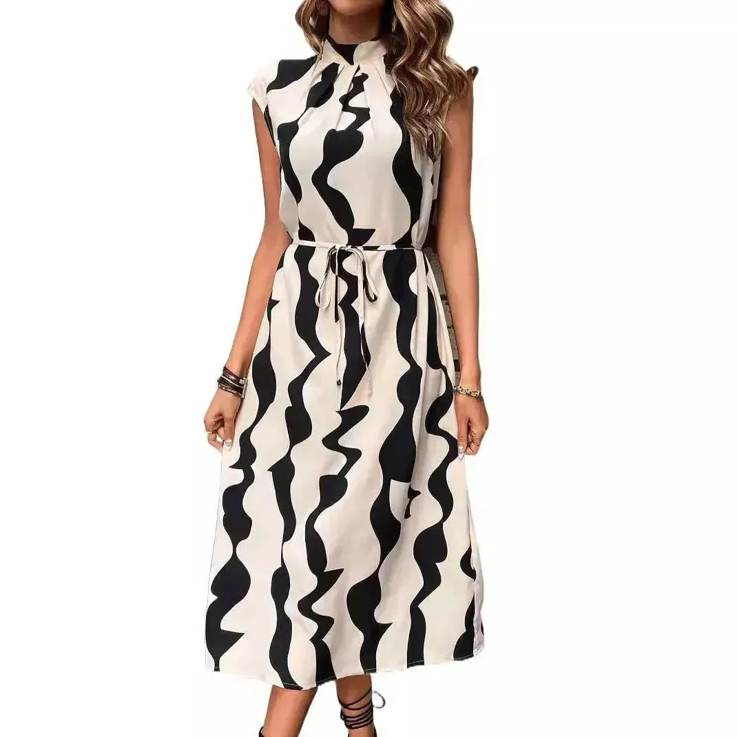 Elegant Summer Sleeveless Irregular Pattern Print Vest Women's Midi Dress