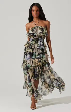 Elena Floral Halter Neck Dress - Black & White [ASTR]