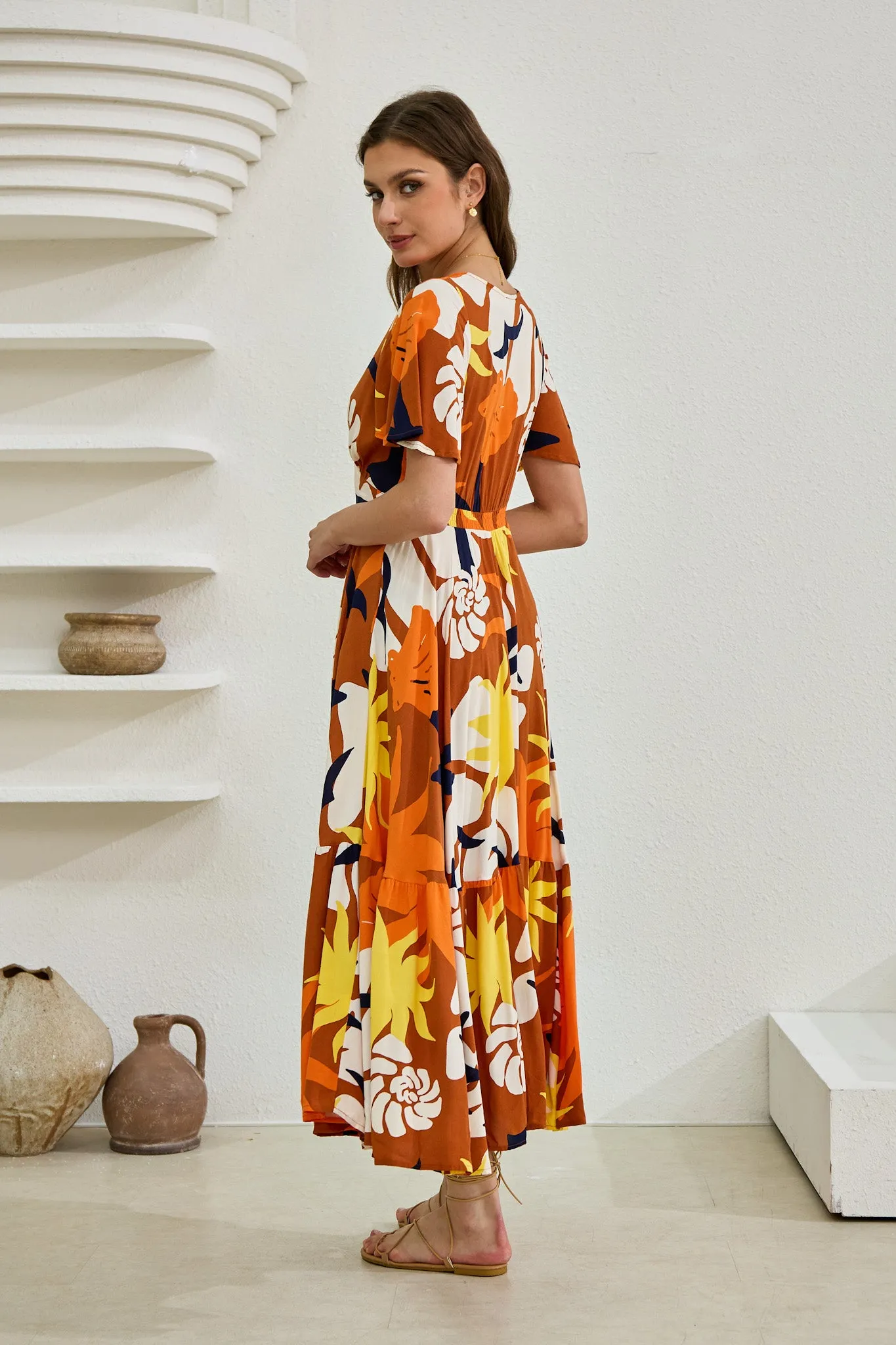 Esmeralda Orange Abstract V-Neck Midi Dress