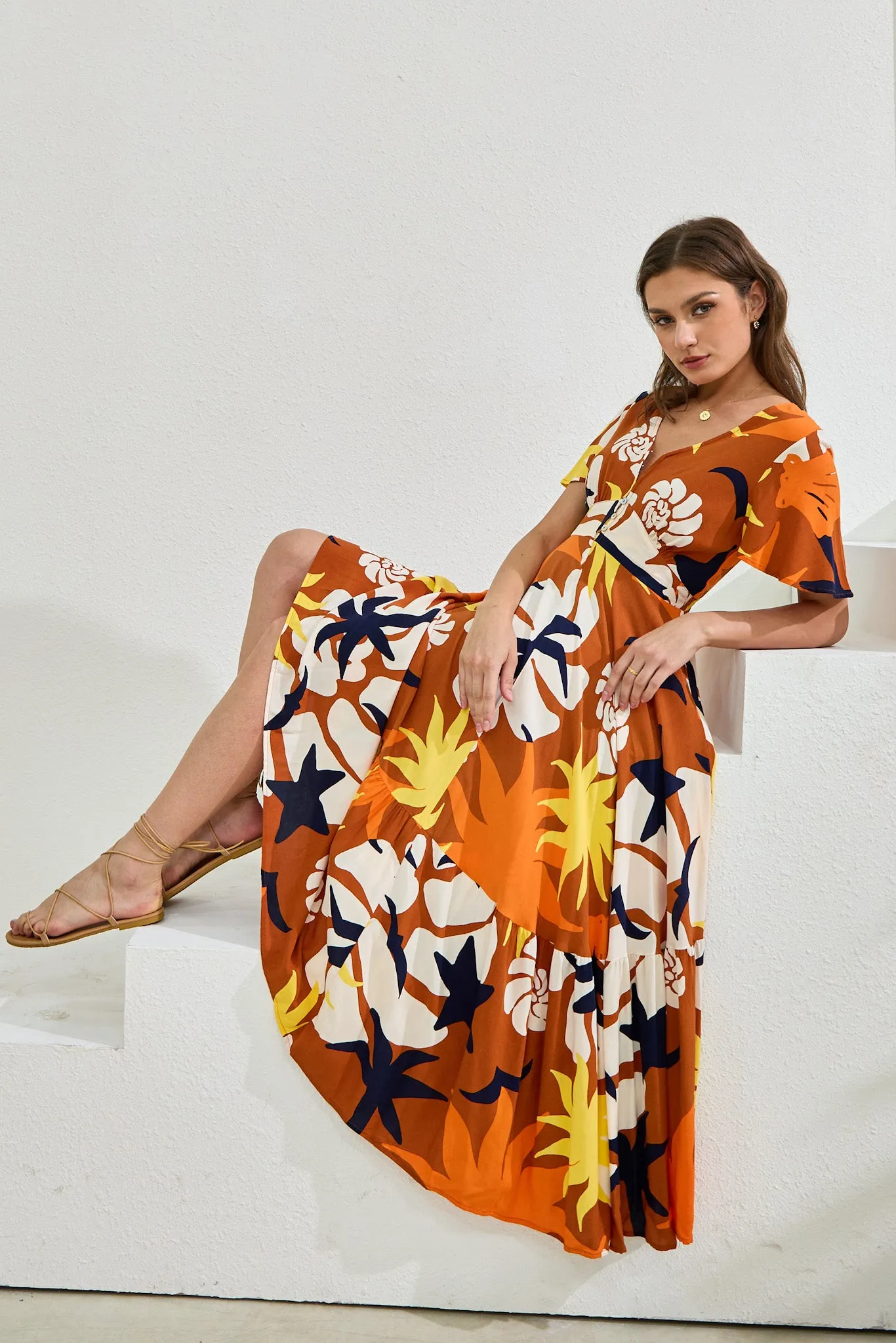 Esmeralda Orange Abstract V-Neck Midi Dress