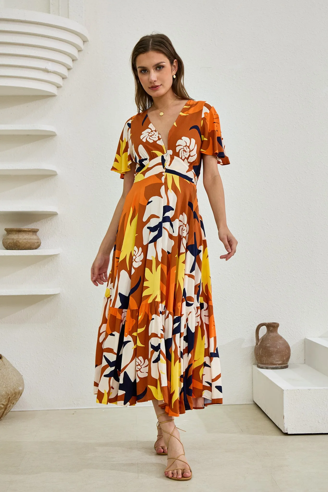 Esmeralda Orange Abstract V-Neck Midi Dress