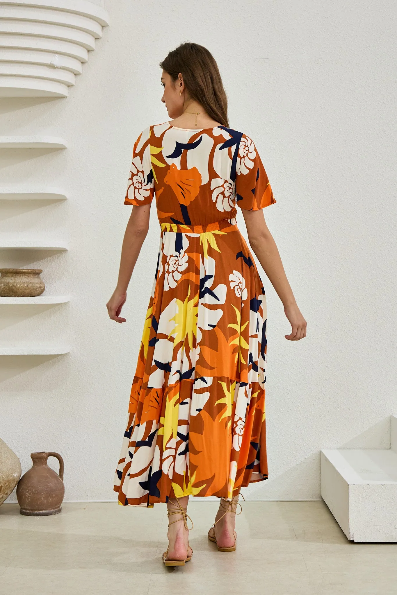 Esmeralda Orange Abstract V-Neck Midi Dress