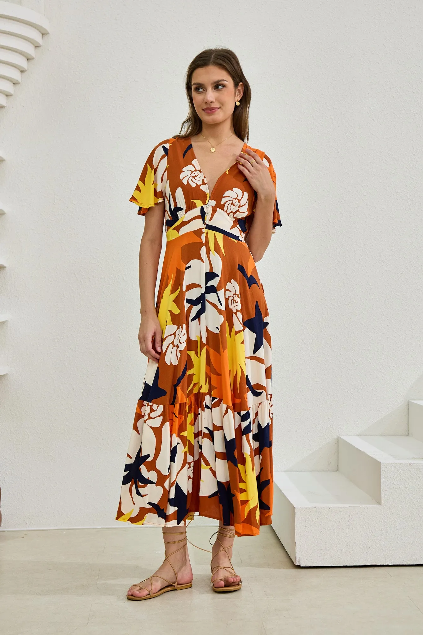 Esmeralda Orange Abstract V-Neck Midi Dress