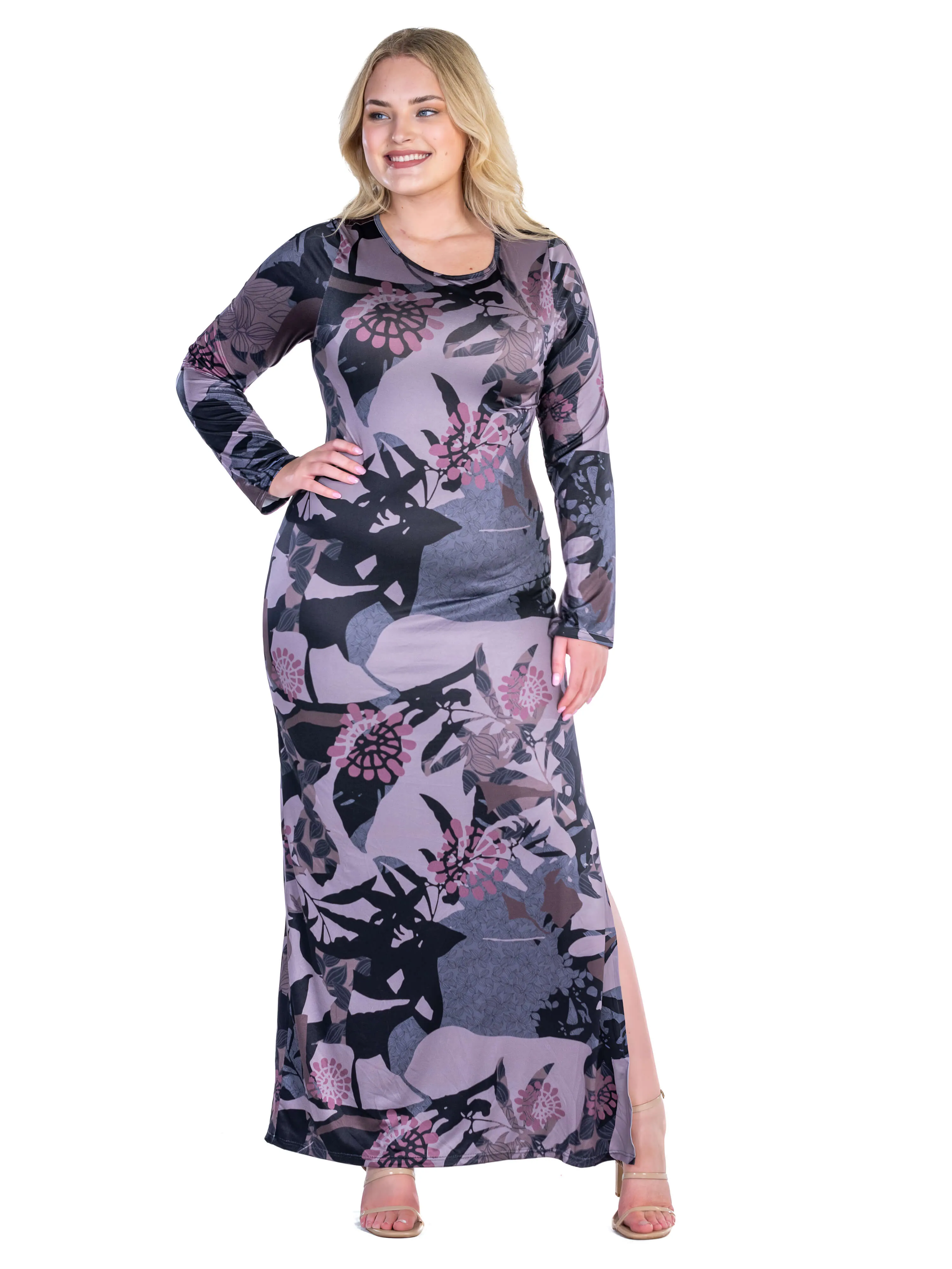 Fall Floral Print Long Sleeve Side Slit Plus Size Maxi Dress