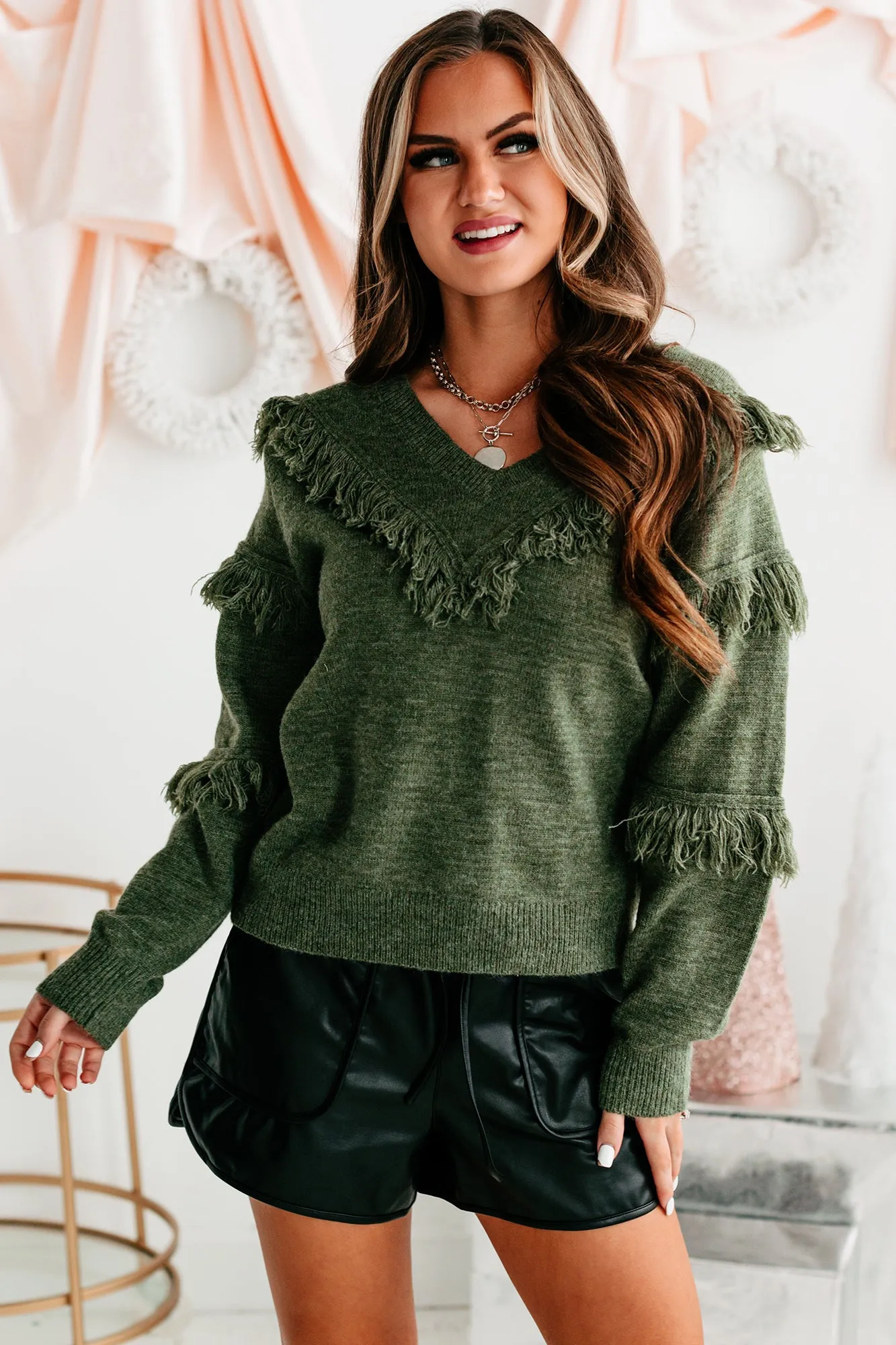 Feeling Fringy V-Neck Fringe Detail Sweater (Olive)