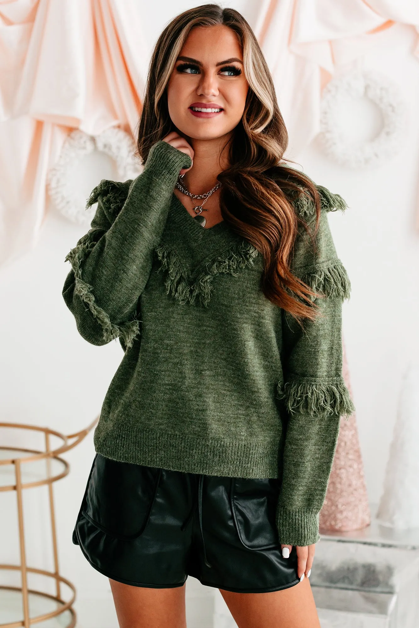 Feeling Fringy V-Neck Fringe Detail Sweater (Olive)