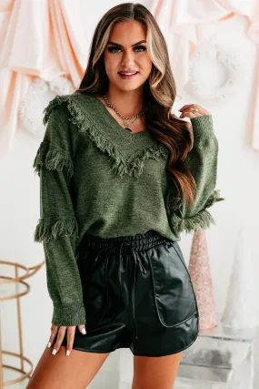 Feeling Fringy V-Neck Fringe Detail Sweater (Olive)