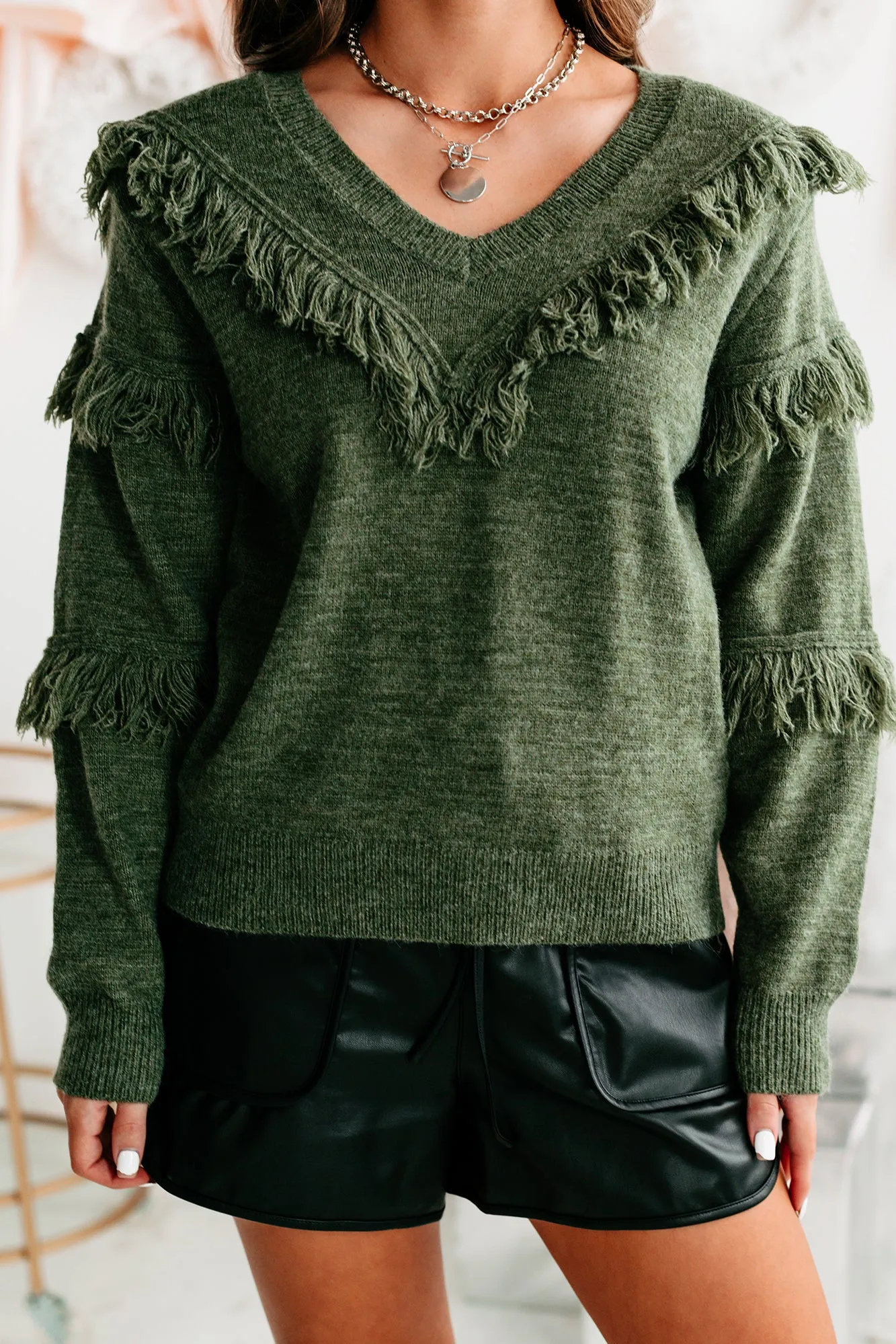 Feeling Fringy V-Neck Fringe Detail Sweater (Olive)