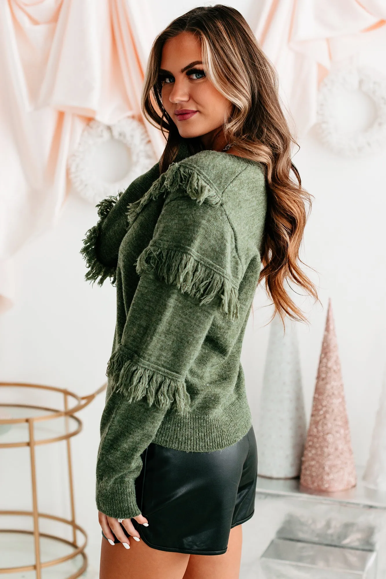 Feeling Fringy V-Neck Fringe Detail Sweater (Olive)