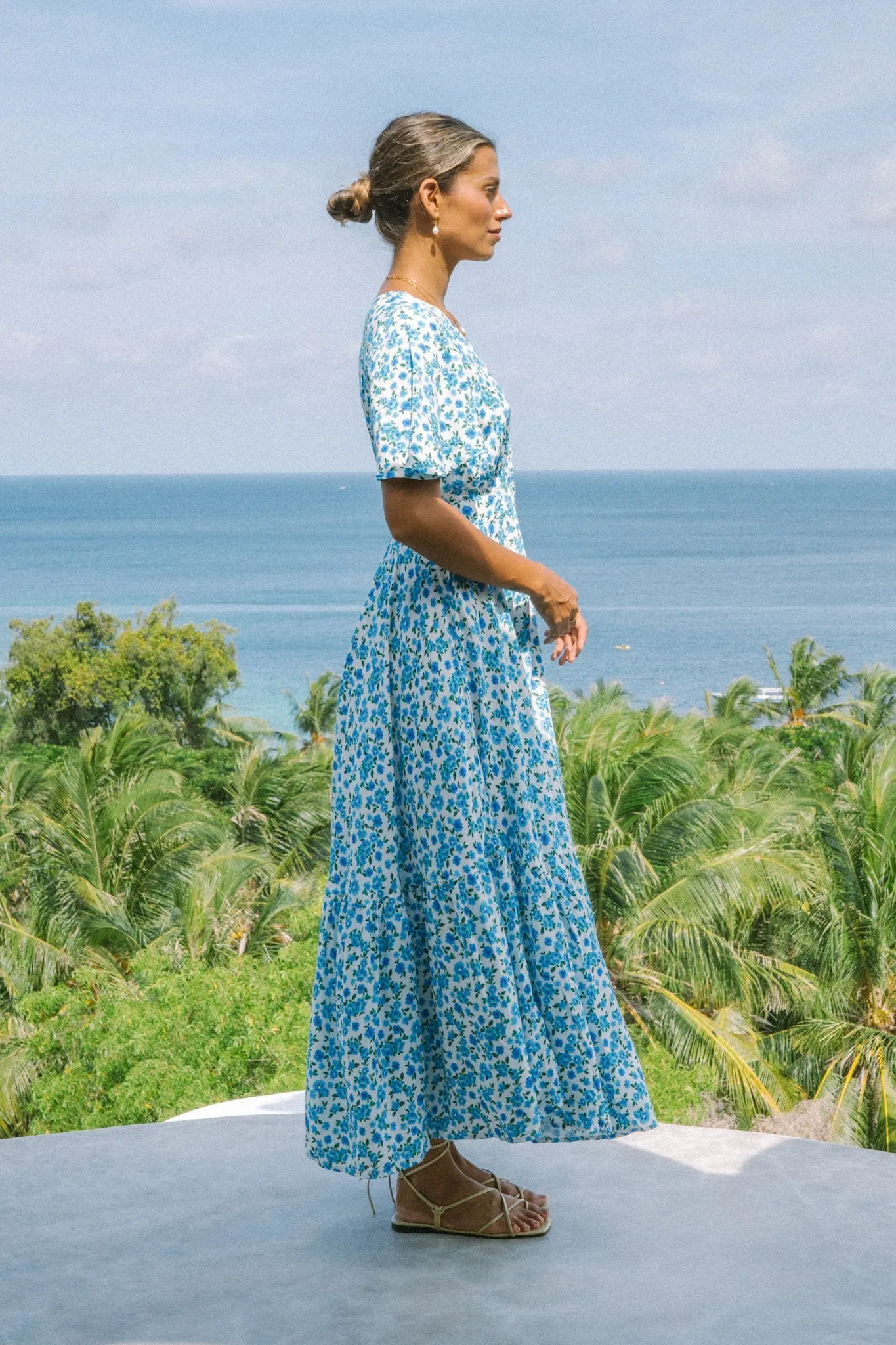 Felicie Blue Floral V-Neck Midi Dress