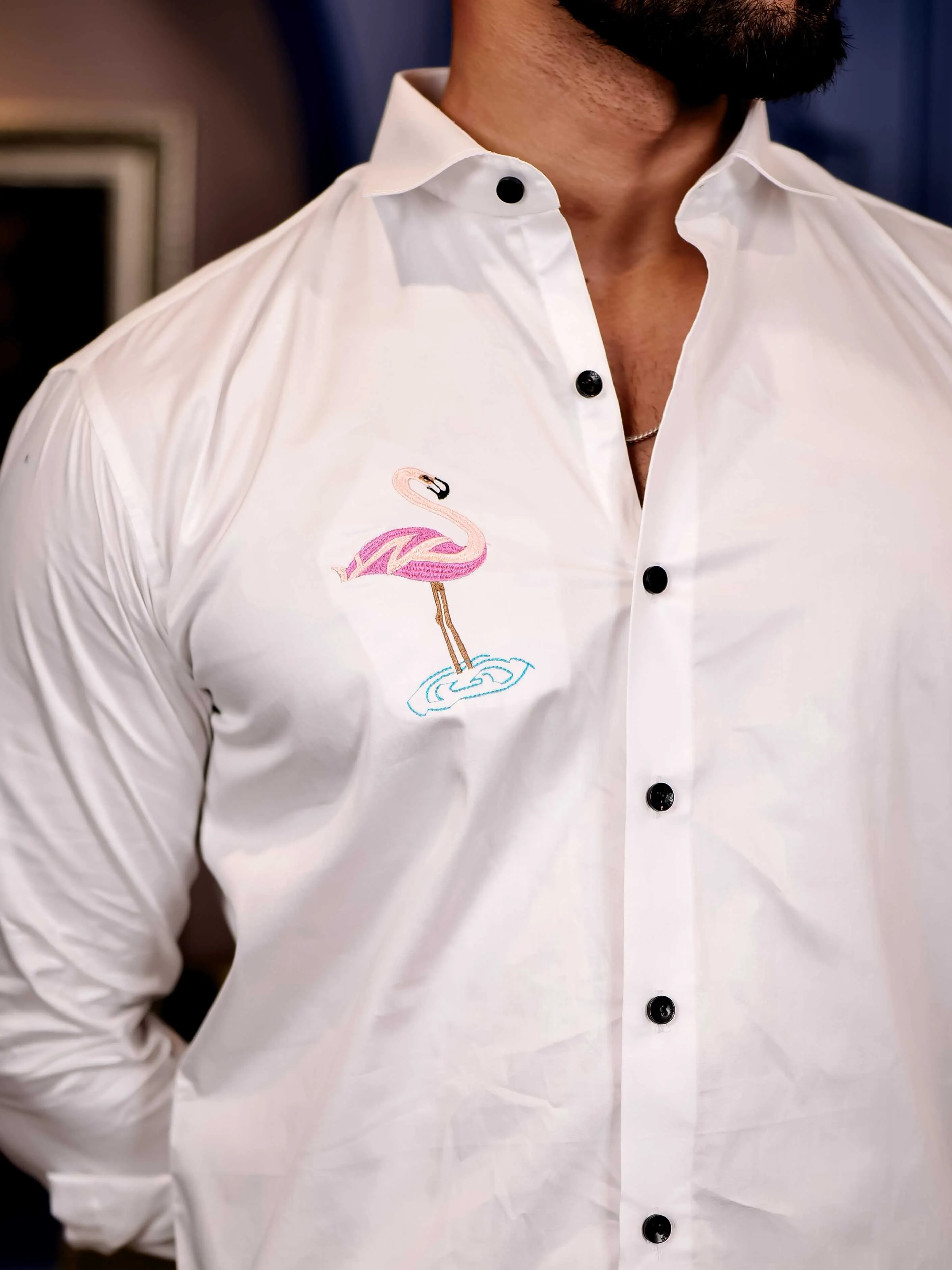 Flamingos White Multicolor Embroidered Club Wear Satin Cotton Shirt