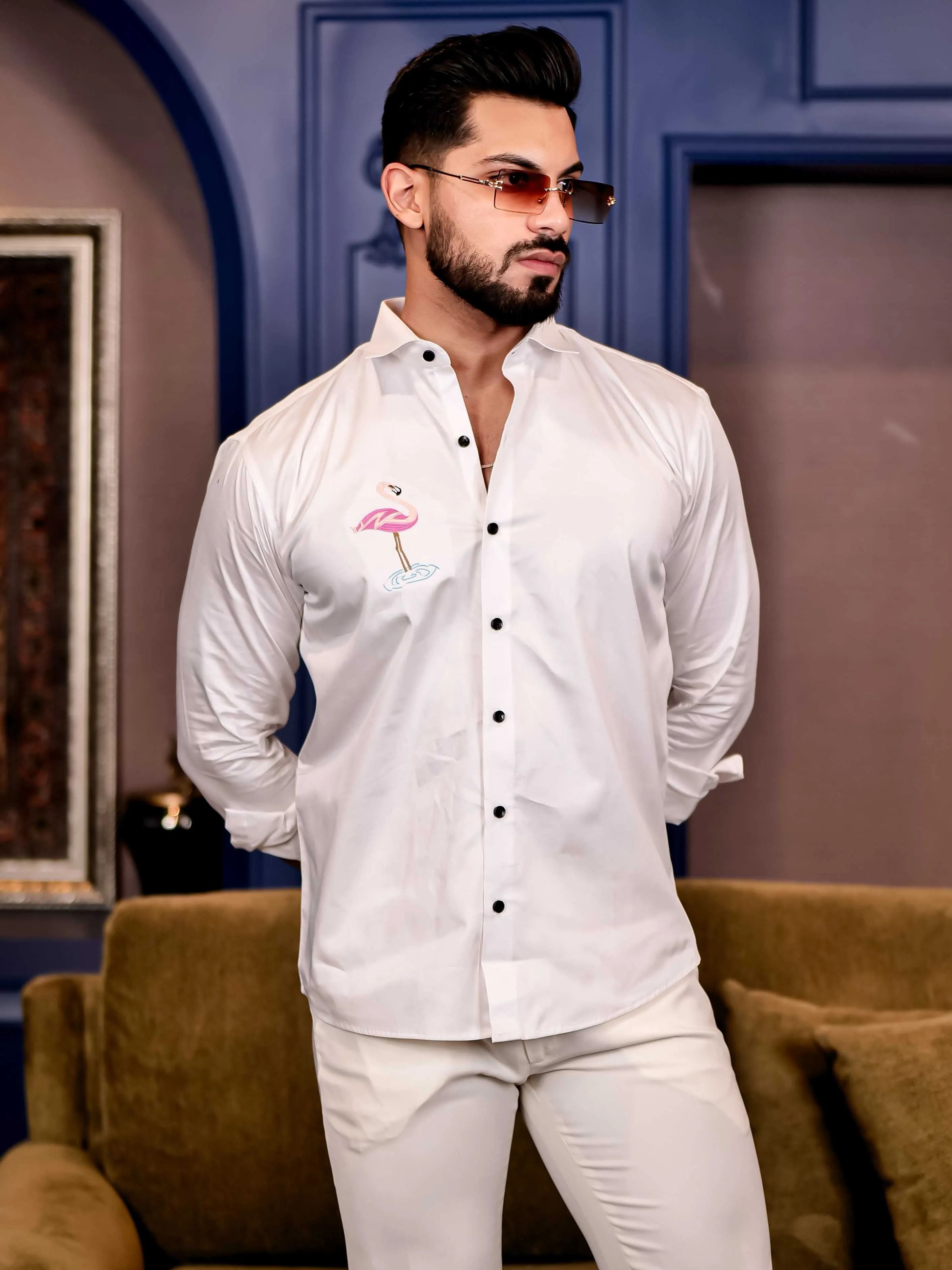 Flamingos White Multicolor Embroidered Club Wear Satin Cotton Shirt