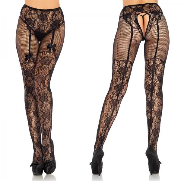 Fleur De Lace Suspender Illusion Crotchless Tights With Bow Accent O/s Black