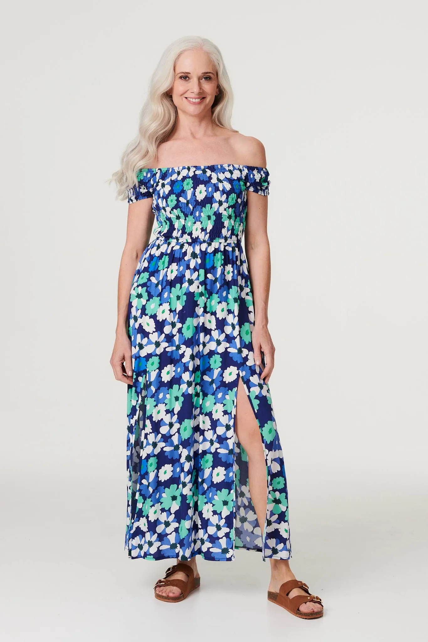 Floral Bardot Split Hem Maxi Dress