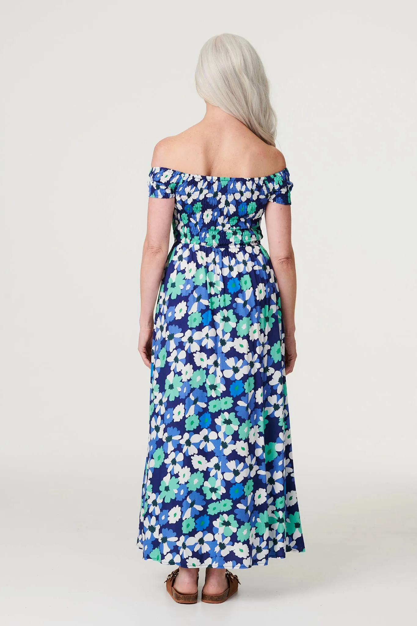 Floral Bardot Split Hem Maxi Dress