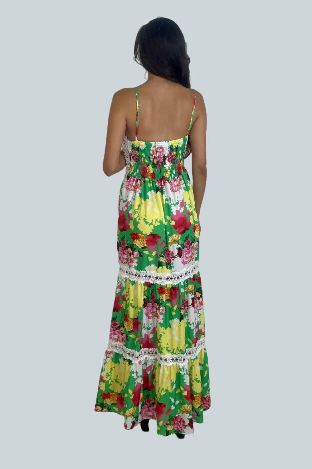 Floral Print Lace Crocket Padded Strappy Side Slit Maxi Dress