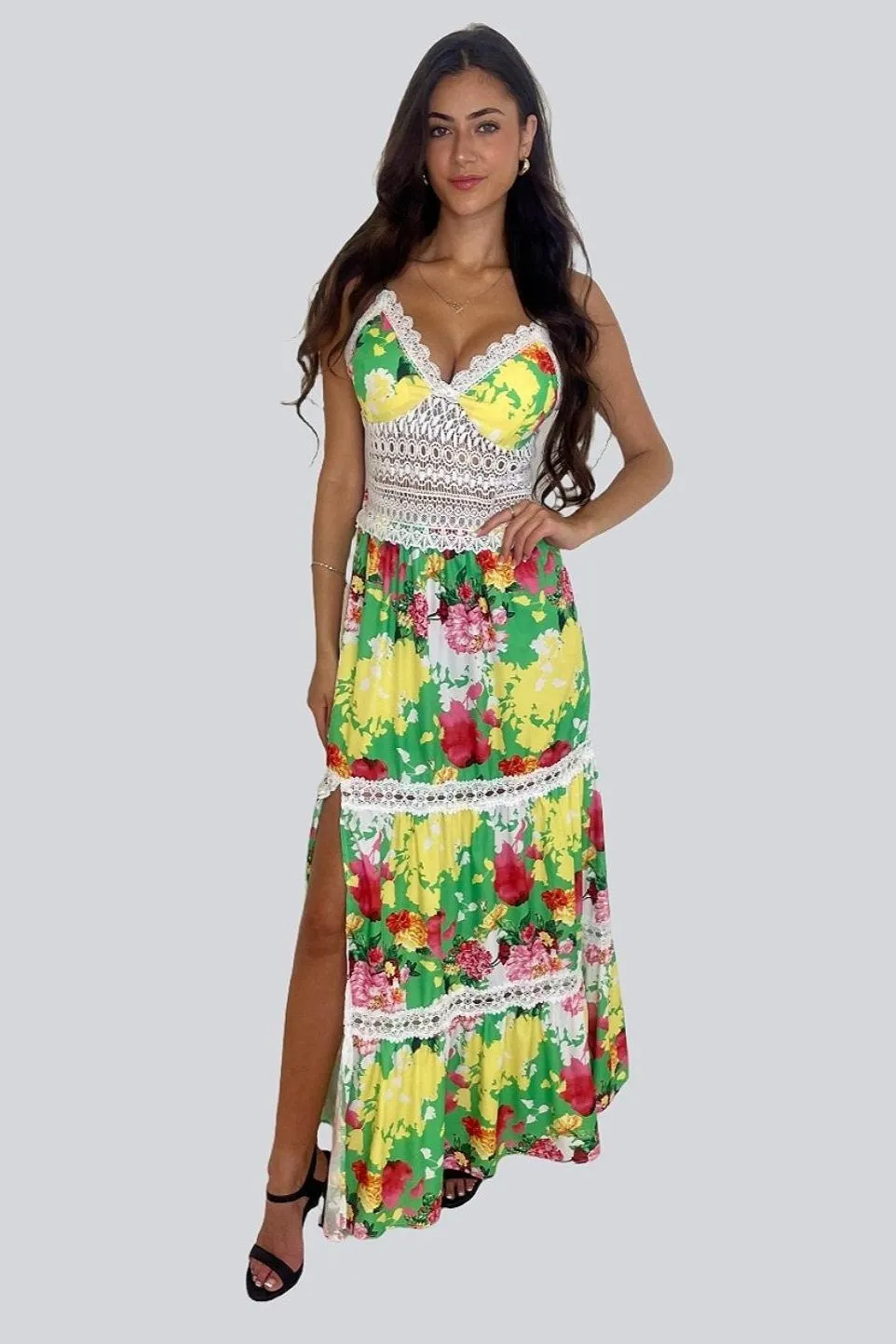 Floral Print Lace Crocket Padded Strappy Side Slit Maxi Dress