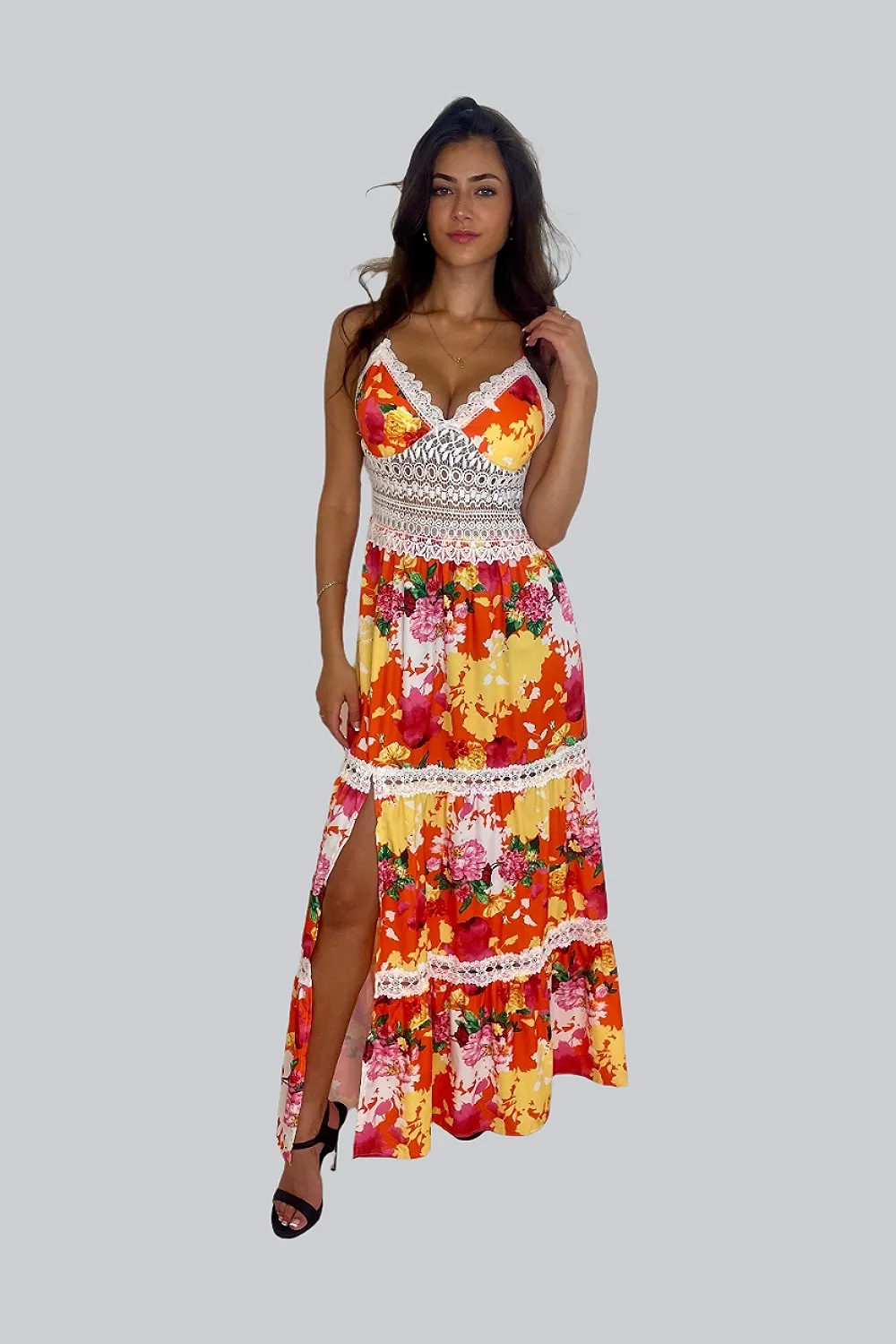 Floral Print Lace Crocket Padded Strappy Side Slit Maxi Dress